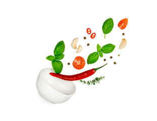 Tomato, basil, spices, chili pepper, garlic fresh thyme flying. Vegan diet food isolated on white. Falling into bowl, levitation fly. Creative concept