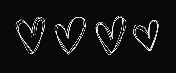 Doodle set of black and white pencil drawing objects. Hand drawn abstract illustration grunge elements. Vector abstract hearts for design
