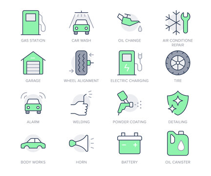 Transport Car Service Simple Line Icons. Vector Illustration With Minimal Icon - Battery, Air Conditioner, Garage, Detailing, Body Works, Horn, Wash, Oil Canister. Green Color Editable Stroke