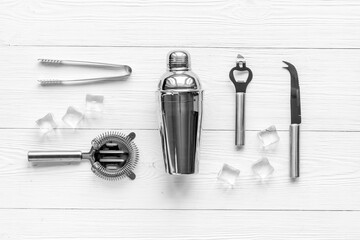 Barman equipment tools and cocktail ingredietns, top view