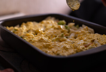 preparation of pasta with vegetables in the pan. healthy vegan food