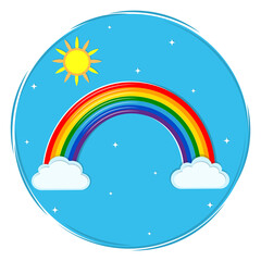 Round multicolored rainbow icon, shining stars, sun and clouds on a blue sky background. Vector illustration, cartoon style