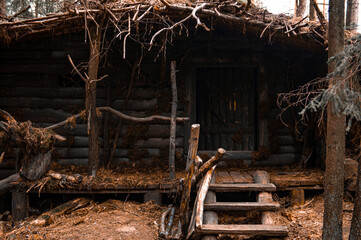 Fototapeta na wymiar Cozy wooden hovel made of moss and branches in the forest