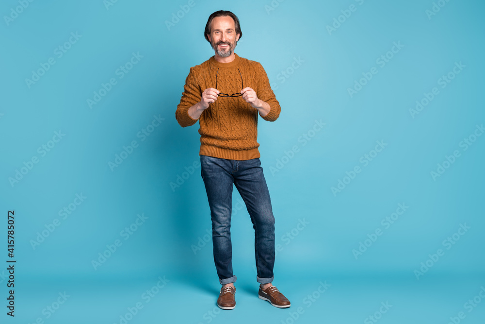 Poster full size photo of mature handsome good looking happy positive businessman hold glasses isolated on 