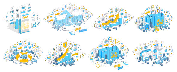 Naklejka premium Business and finance concepts 3D vector illustrations set isolated on white background, money theme conceptual design collection, savings, bank, contract, income, safety, online.