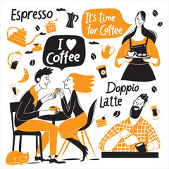 Coffee motivational vector design with barista and coffee elements and lettering