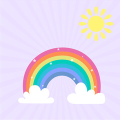 Rainbow icon in pastel colors, shining stars, sun and clouds on a rose sky background. Vector illustration, cartoon style