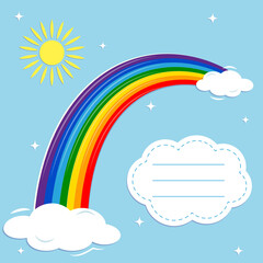 Multicolored rainbow , shining stars, sun and clouds on a blue sky background. Vector illustration, cartoon style