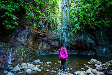 25 Fontes Waterfall - Hiking Levada trail in Laurel forest at Rabacal - Path to the famous...