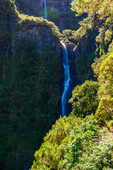 Risco Waterfall - Hiking on Levada trail 25 Fontes in Laurel forest at Rabacal - beautiful landscape scenery - Madeira Island, Portugal