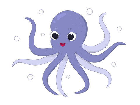 A cute purple octopus on a white background. Vector, cartoon style