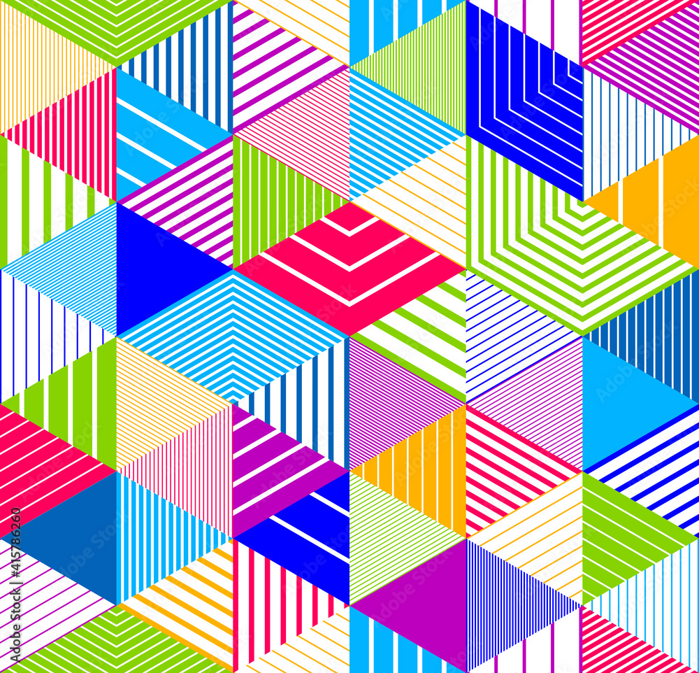 Poster geometric 3d seamless pattern with lined cubes, stripy boxes blocks vector background, architecture 
