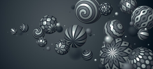 Realistic decorated metallic spheres vector illustration, abstract background with beautiful balls of shiny metal with patterns and depth of field effect, 3D globes design concept art.