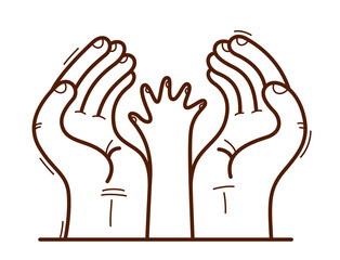 Two hands and small child palm protecting and showing care vector flat style illustration isolated on white, cherish and defense for childhood concept, charity.