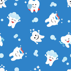 Healthy teeth seamless pattern. Oral dental hygiene. Children teeth care. Baby texture. Flat design. Blue background Vector illustration.