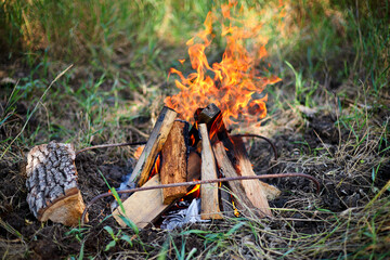 Burning bonfire firewood, in nature, place for barbecue, barbecue in a summer meadow