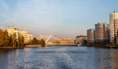 Beautiful autumn panorama of modern St. Petersburg. New modern residential district Petrovsky island St. Petersburg.