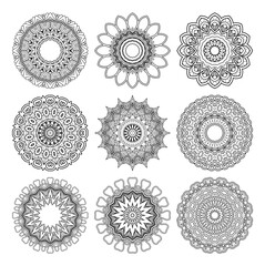 Vector Monochrome Set of Mandalas. Round Abstract Objects Isolated On White Background. Ethnic Decorative Element
