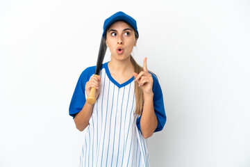 Young caucasian woman playing baseball isolated on white background thinking an idea pointing the finger up