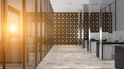 Modern office building interior. 3D rendering. Sunset.