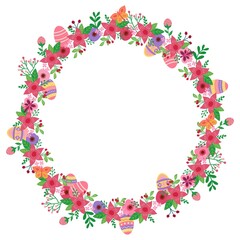Easter wreath made of cute eggs, flowers and butterflies. Hand-drawn style. White background, isolate. Vector illustration.