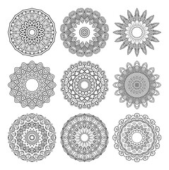 Vector Monochrome Set of Mandalas. Round Abstract Objects Isolated On White Background. Ethnic Decorative Element