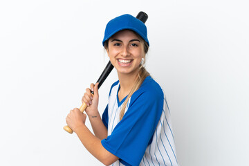 Young caucasian woman isolated on white background playing baseball