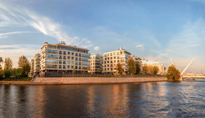 Beautiful autumn panorama of modern St. Petersburg. New modern residential district Petrovsky island St. Petersburg.