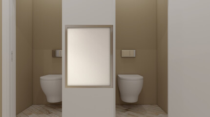 Fototapeta na wymiar Contemporary interior of public toilet. 3D rendering.