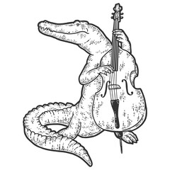 Alligator plays the double bass. Sketch scratch board imitation. - obrazy, fototapety, plakaty
