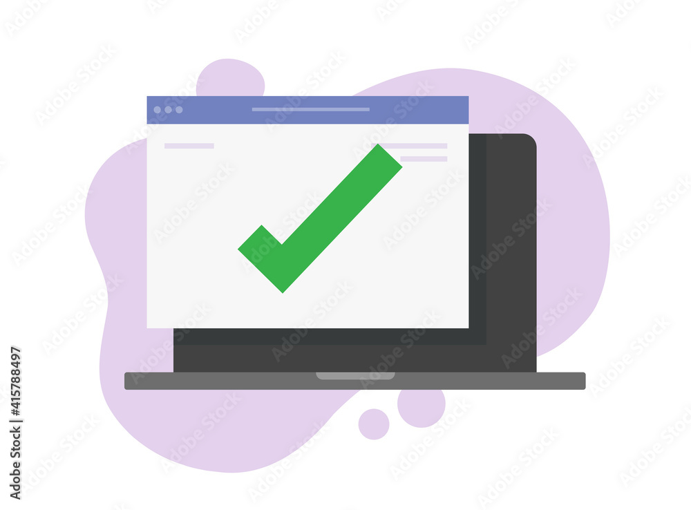 Poster internet web site with check mark on computer pc or online voting concept vector flat cartoon illust