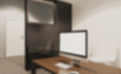 Bokeh blurred phototography.  . Modern office Cabinet.  3D rendering.   Meeting room