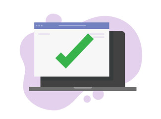 Internet web site with check mark on computer pc or online voting concept vector flat cartoon illustration, idea of digital electronic correct answer, choice checkmark tick, approved or checker tech
