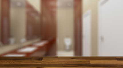 Background with empty table. Flooring. Clean public toilet room empty with wooden partition. 3D renderi