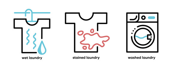 Set of washing and laundry icons. Such Icons include topics such as wet hanging, dirty laundry and washing machine. Colorful wash icon set. Editable Stroke. Logo, web and app and similar icon design.