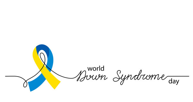 World Down Syndrome Day simple vector background, banner, poster with yellow and blue ribbon symbol. Lettering Down Syndrome - Powered by Adobe