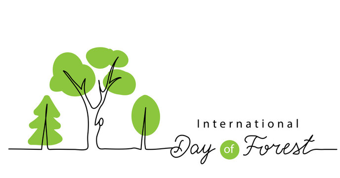 International Day of Forest vector background, banner, poster. Minimal one continuous line drawing of green trees. Forest day lettering