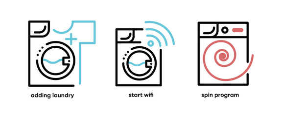 Set of washing and laundry icons. This type of Icons includes topics such as adding clothes, starting wifi and spinning schedule. Colorful wash icon set. Editable Stroke. Logo, web and app.