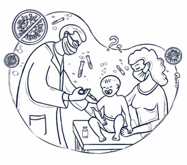 Vaccination babies. Doctor makes a shot of vaccine to a baby boy and a mother. Vector line art in doodle style.