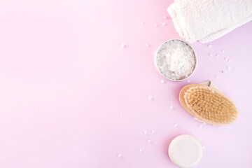 Set of home SPA cosmetic products. Dry Brush, Sea Salt, Scrub, Organic Oil, Towel. Anti-cellulite brush for dry body massage. Women's organic scin care. Prevent cellulite and body problem at home