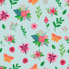 Spring seamless pattern with flowers and butterflies. Hand-drawn illustration. Endless textures for your design.