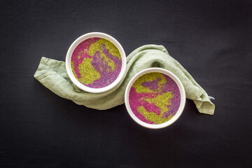 Breakfast Acai smoothie bowles with chia seeds and strawberries