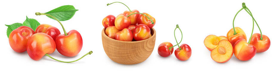 yellow-red sweet cherry isolated on white background with full depth of field, Set or collection