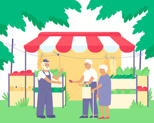 A farmer sells fresh vegetables from his farm to an elderly couple. Sale of vegetables at the kiosk. Fresh tomatoes, cucumbers, peppers, herbs are sold in boxes. Flat vector illustration.