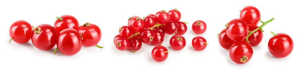 Red currant berries with leaf isolated on white background. Set or collection