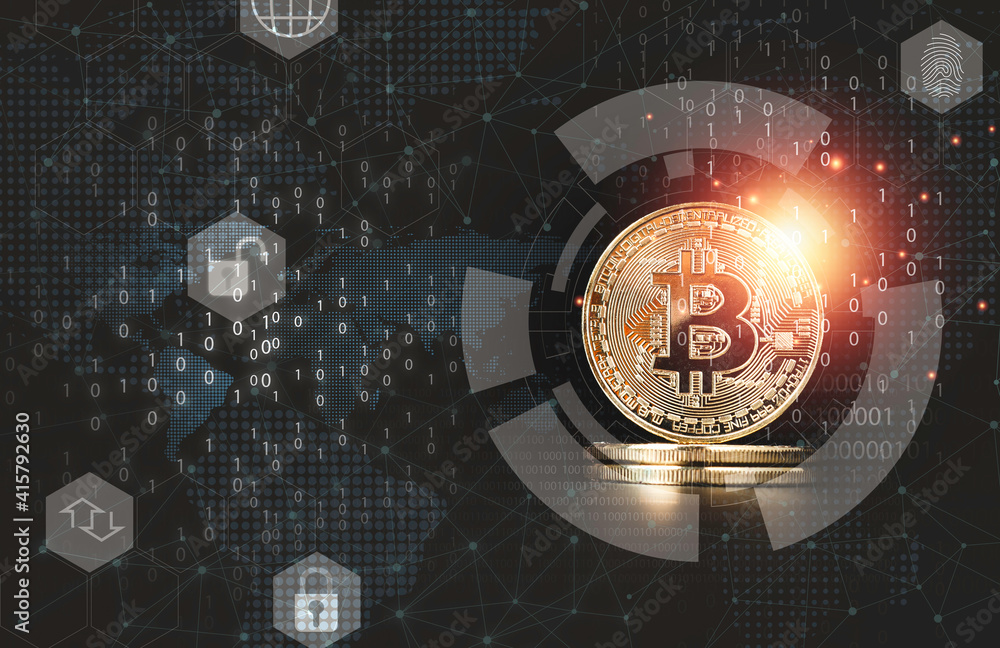 Poster golden bitcoins with binary number for digital block chain and cryptocurrency exchange concept.