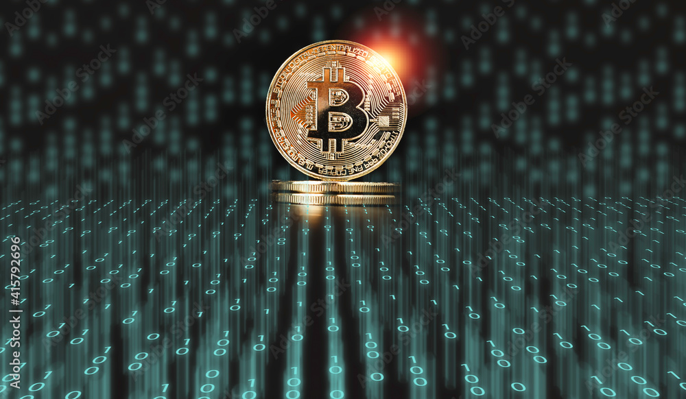 Poster golden bitcoins with binary number for digital block chain and cryptocurrency exchange concept.