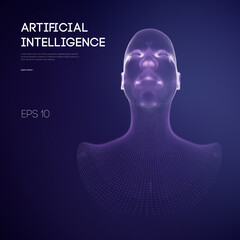Artificial intelligence head, city human and innovations sciences fictions. Artificial technology human head concept. Cyborg background with artificial intelligence components, artificial intelligence