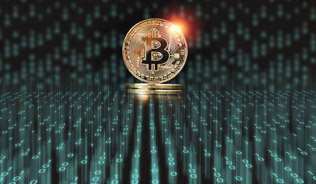 Golden Bitcoins with binary number for Digital block chain and cryptocurrency exchange concept.