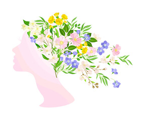 Female Head with Blooming Floral Branches Instead of Hair as International Women s Day Holiday Symbol Vector Illustration